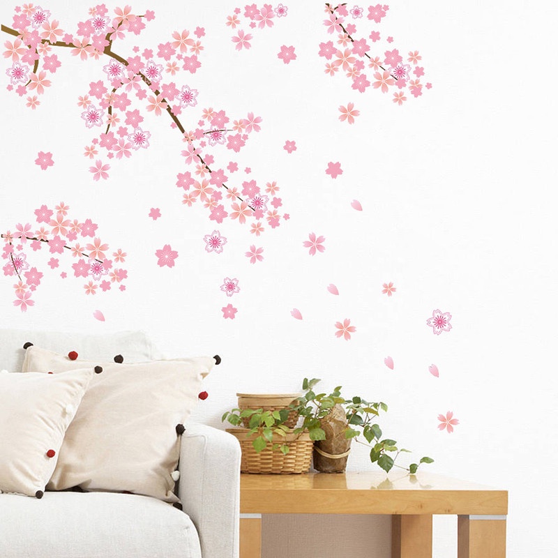 2 Pcs Pink Cherry Blossom Wall Stickers / Beautiful Flower Tree Branch Art Decals DIY Sofa Background Room Decor