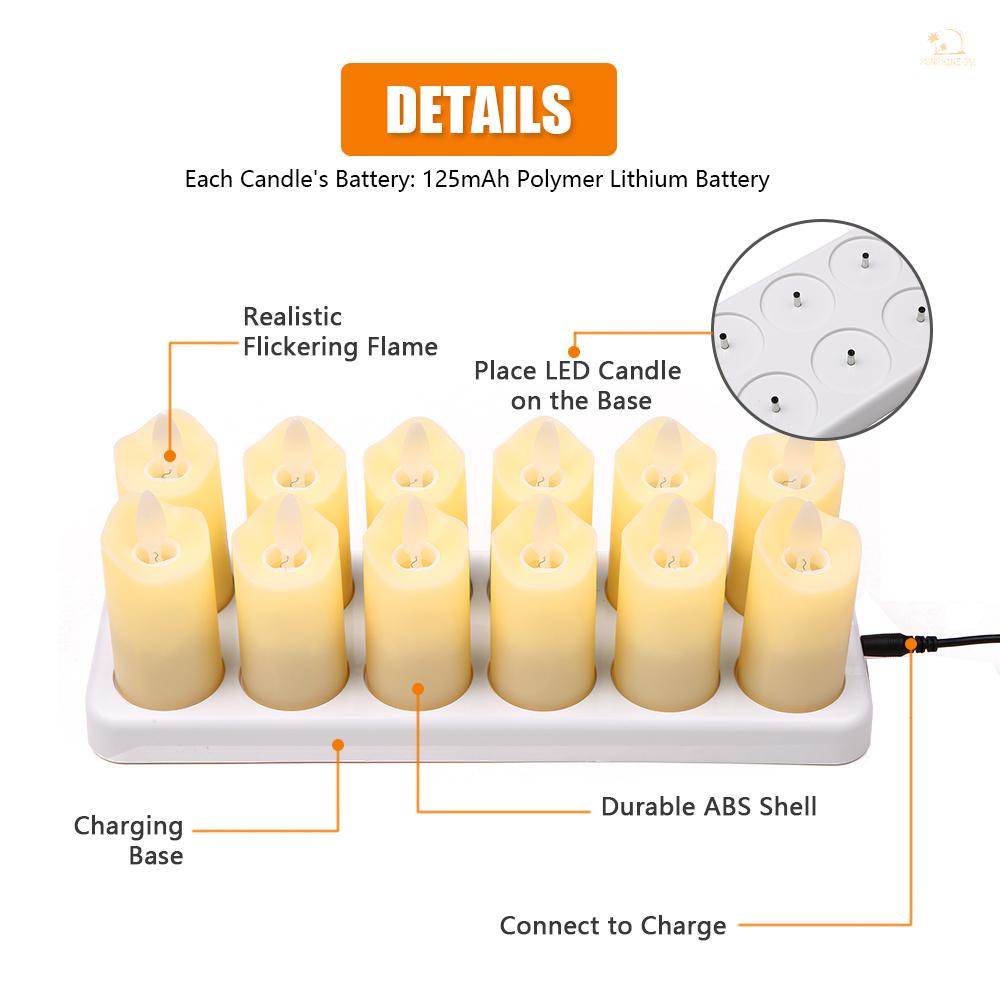 SUPH 12 PCS Rechargeable Flameless Candles Realistic Warm Yellow LED Cordless Pillar Candles Electric Candle Lights with Flickering Flame for Christmas Halloween Festivals Wedding