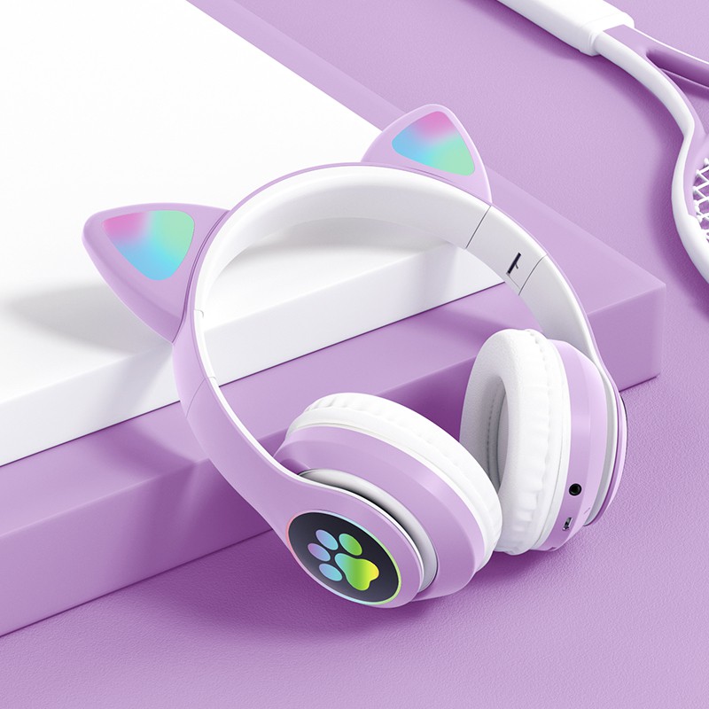 Cute Cat Ears Headset Bluetooth 50 Headphone Pink Over Ear Stereo Headphones Wireless Gaming 