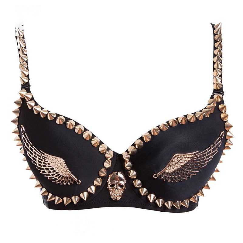 Sexy Bras Women Party Spike Rivet Skull Punk Dance Push Up Bra Nightclub Costumes Bras Bralette