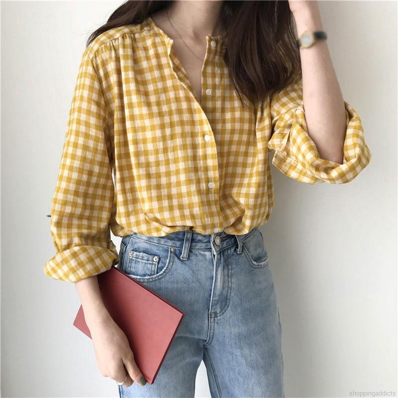 Korean plaid loose sweet casual long-sleeved shirt | Shopee Philippines