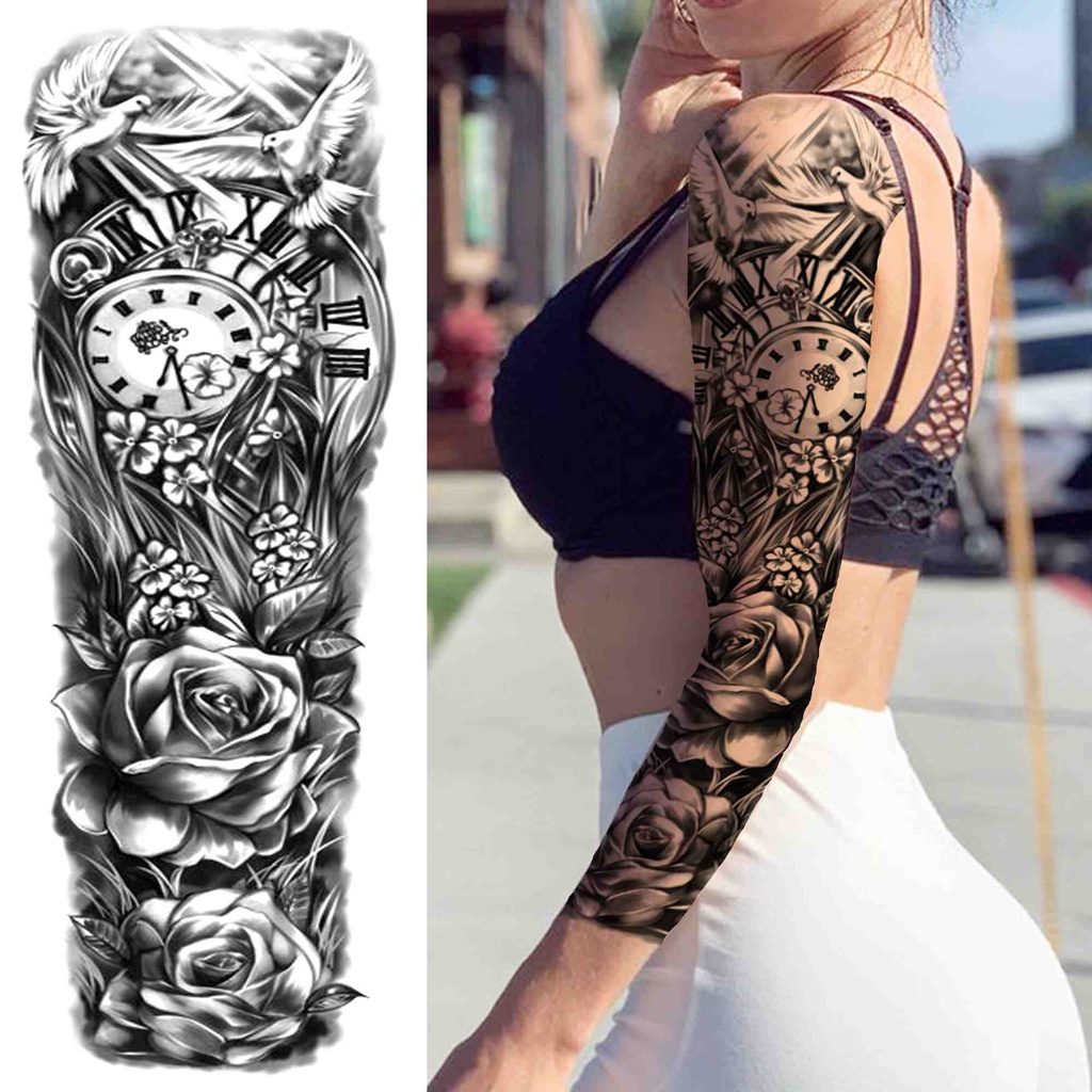 3D Clock Flower Full Arm Temporary Tattoos For Women Men Black Soldier ...