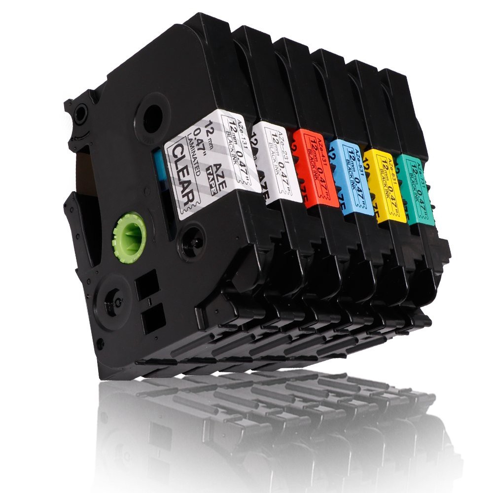 6 Rubans Compatibles Brother TZe 12 Mm - Noir, Blanc, Rouge, Bleu, Jaune, Vert - Pour étiqueteuses PT-H105, P710bt, D210, Etc.
