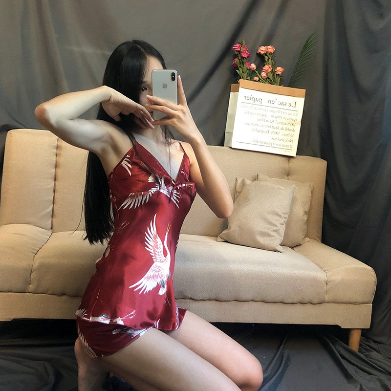 Crane Women Nightdress Artificial Silk Plus Size Strap Lingerie Suit Ice Silk Nightwear Set Shopee Philippines