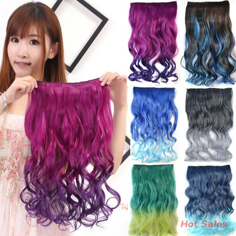 Hot Women Long Wavy Extensions Ombre Rainbow Hairpiece Clip