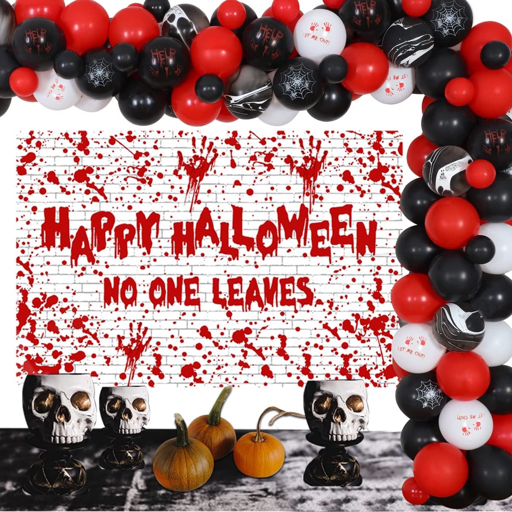 JOYMEMO Scary Halloween Party Decorations - Red Black Balloon Arch Kit Happy Halloween No One Leaves Bloody Backdrop Eye Foil Balloon Horrible Zombie Vampire Party Supplies