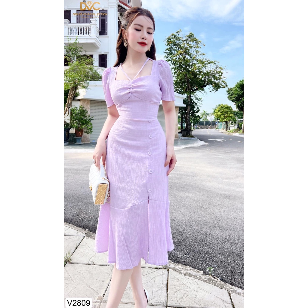 Square Neck Purple Dress With Button 2809 Design Dress DVC DOLCE