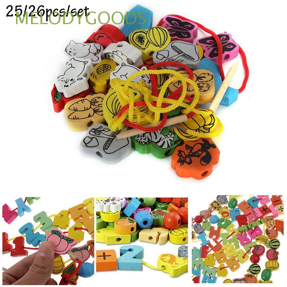 25 Pcs Baby Kids Wooden Cartoon Animal Beads+Random Colors String Threading Game