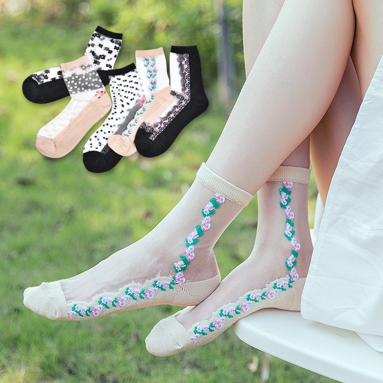1 Pair Women Cotton Middle Tube Socks Lace Flower Pattern Solid Color Foot Socks