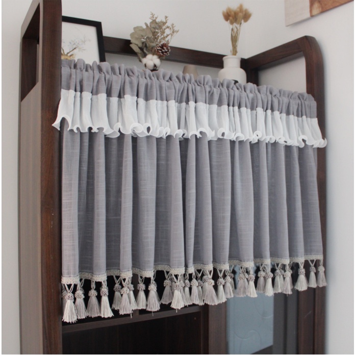 EM Korean Style Tassel Short Curtain Valances Sheer Voile Kitchen Cabinet Partition Coffee Drapes Small Window Half Curtain