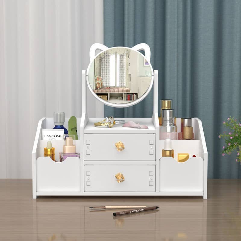 White Makeup Organizer Large Desktop Vanity With Mirror Jewelry