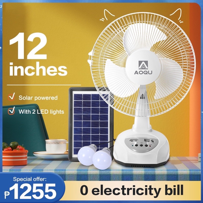 Solar electric fan 12 inch rechargeable 2 LED lights 220V AC desktop