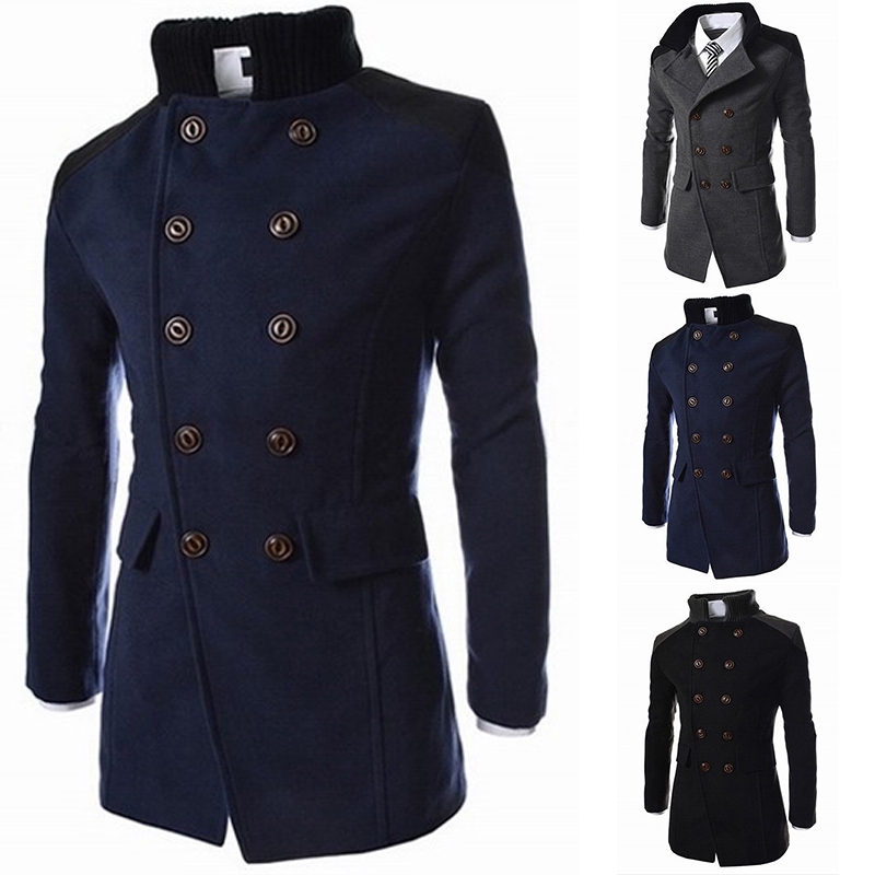Men Male Coat Buttons Double breasted Solid Long sleeve Loose Plus size