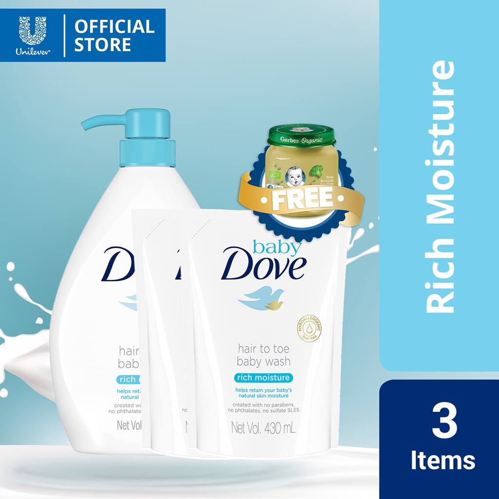 Baby Dove Hair to Toe Wash Rich Moisture 1L + 430ML Refill x2 Special