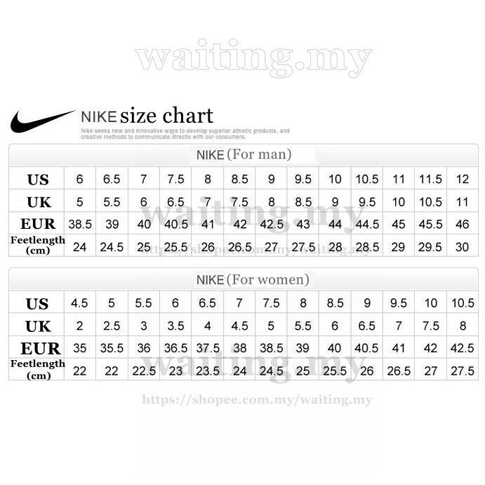 size chart nike womens shoes