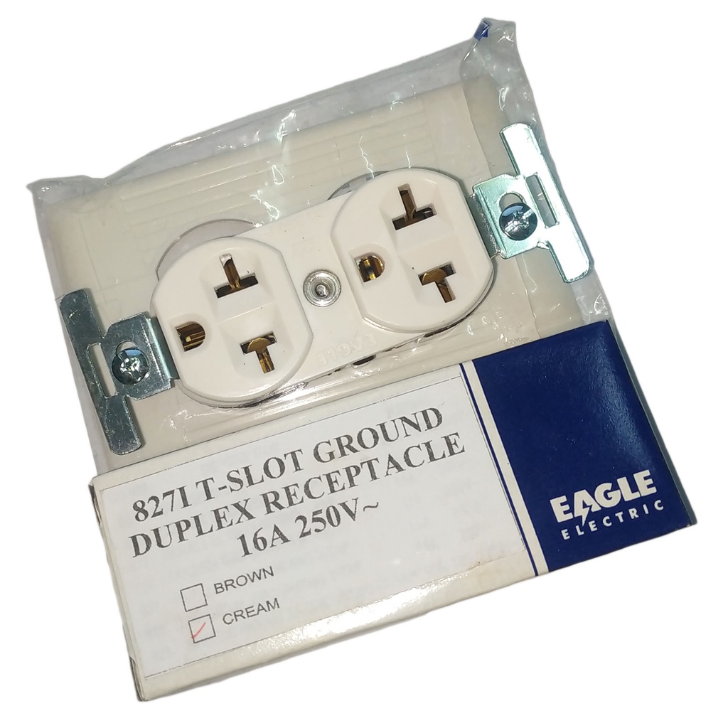 EAGLE 827I TSLOT GROUND DUPLEX RECEPTACLE 16A 250V WITH COVER PLATE