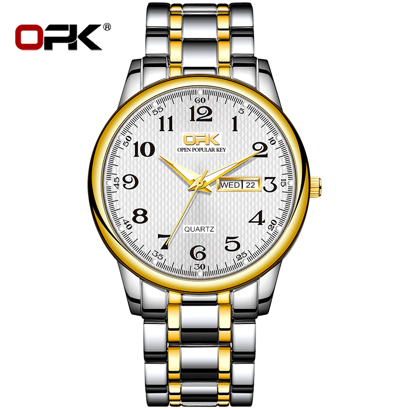OPK Watch Men Original Quartz Stainless Steel Double Calendar Luminous