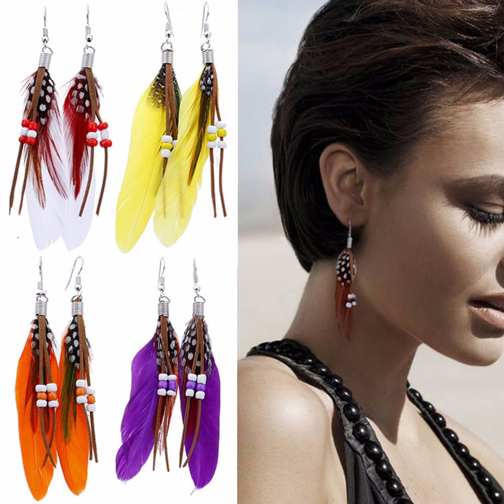 Bohemia Style Vintage Charming Feather Long Chain Tassel Beads Hook Earrings New