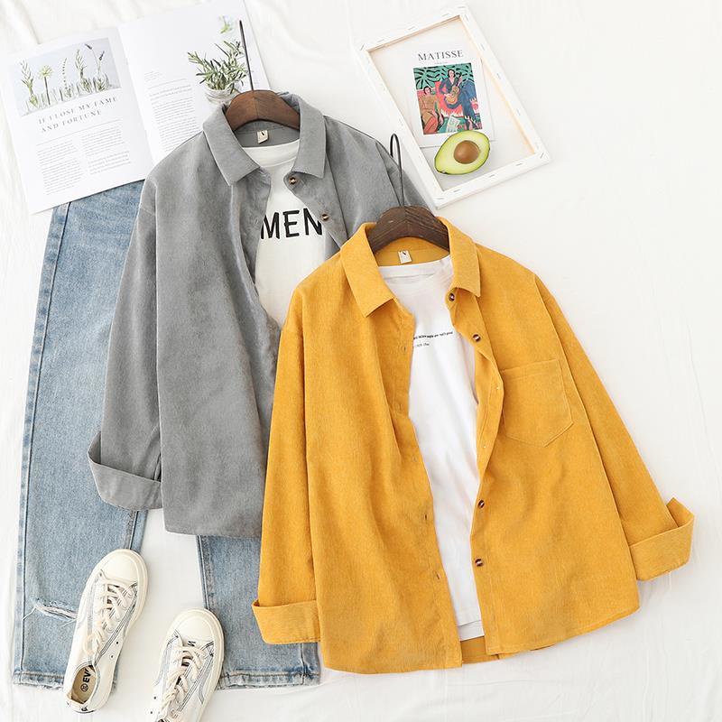 GINNIE Ready Stock Free Shipping Fast 2022 Spring New Style Vintage Corduroy Shirt Women Jacket Hong Kong ins Loose Striped Long Sleeve Outer