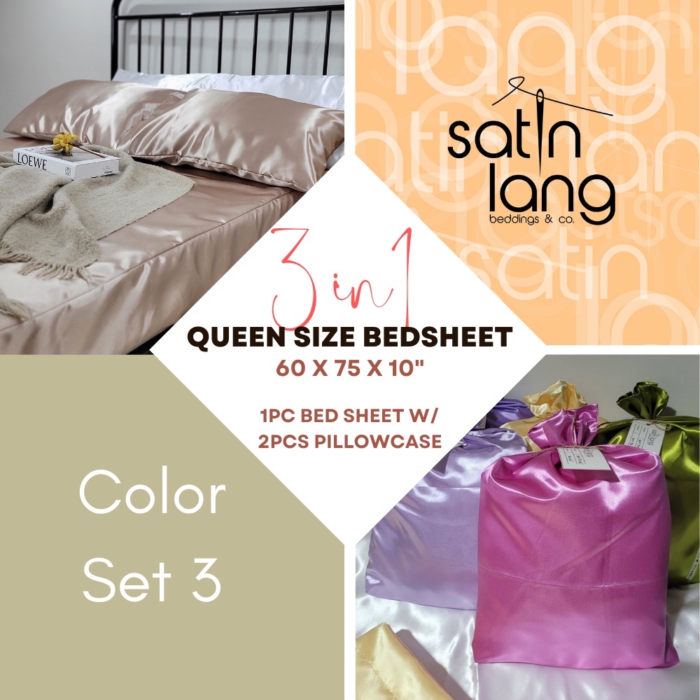 3in1 QUEEN Size SATIN SILK Bedsheet w/ 2pcs Pillowcase ( Fully