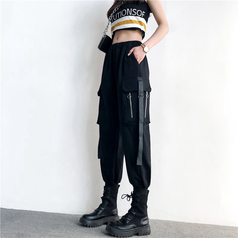 Summer Streetwear Cargo Pants Black High Waist Loose Female Trousers ...