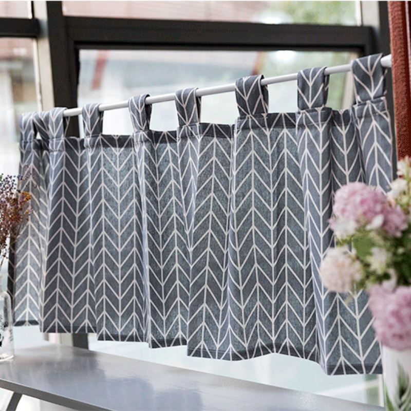 Ready Stock Linen Half Curtain Grey Short Curtain Japanese Style Kitchen Curtain Line Design