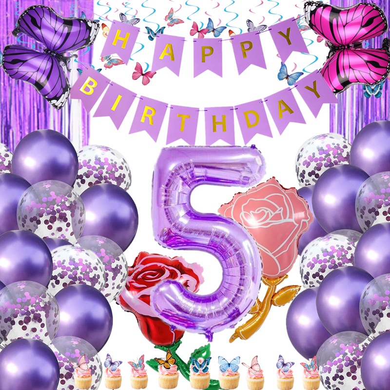 Purple Butterfly Theme Birthday party Curtain Background Cake Topper Banner Tassel Sequin Balloon Wedding Birthdays Happy Party Decors Supplie