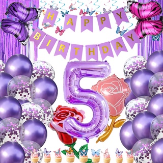 Purple Butterfly Theme Birthday party Curtain Background Cake Topper Banner Tassel Sequin Balloon Wedding Birthdays Happy Party Decors Supplie #1