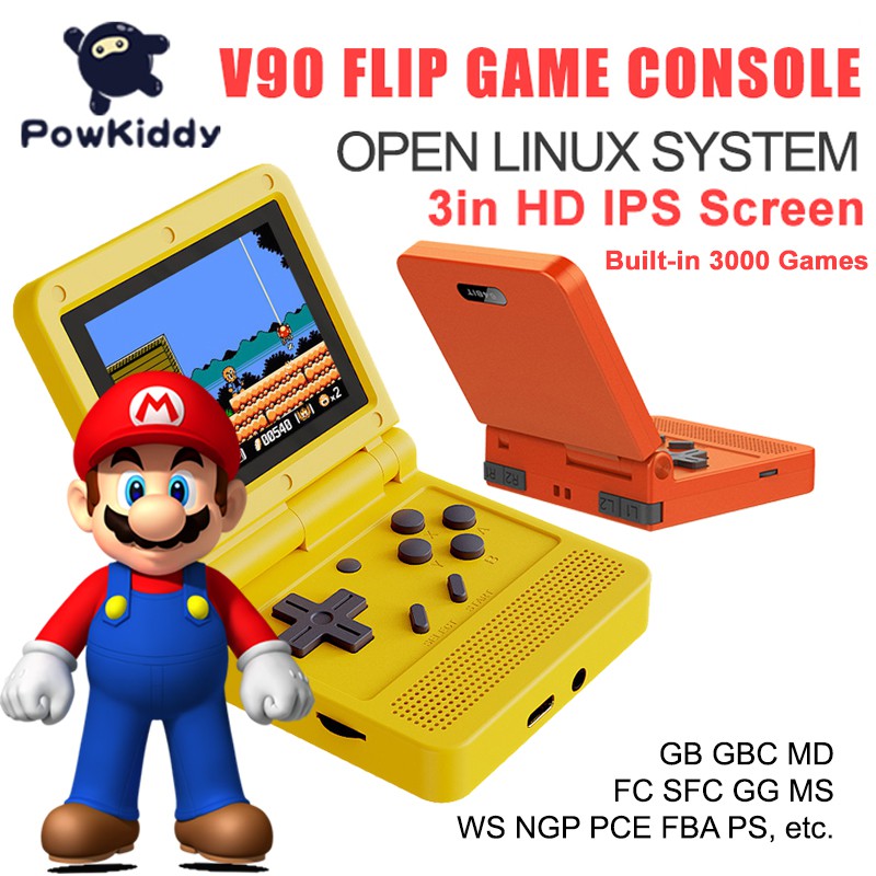 Powkiddy New V90 Gameboy Game Console 3 Inch IPS Screen Flip Game