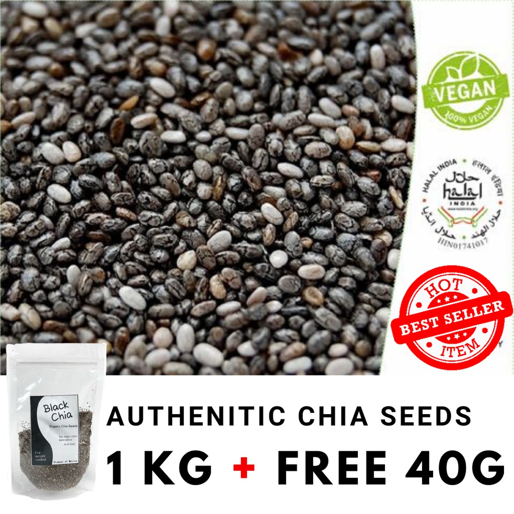 Authentic Chia seeds Organic Black Chia Seeds 1kg + FREE 40g Vegan