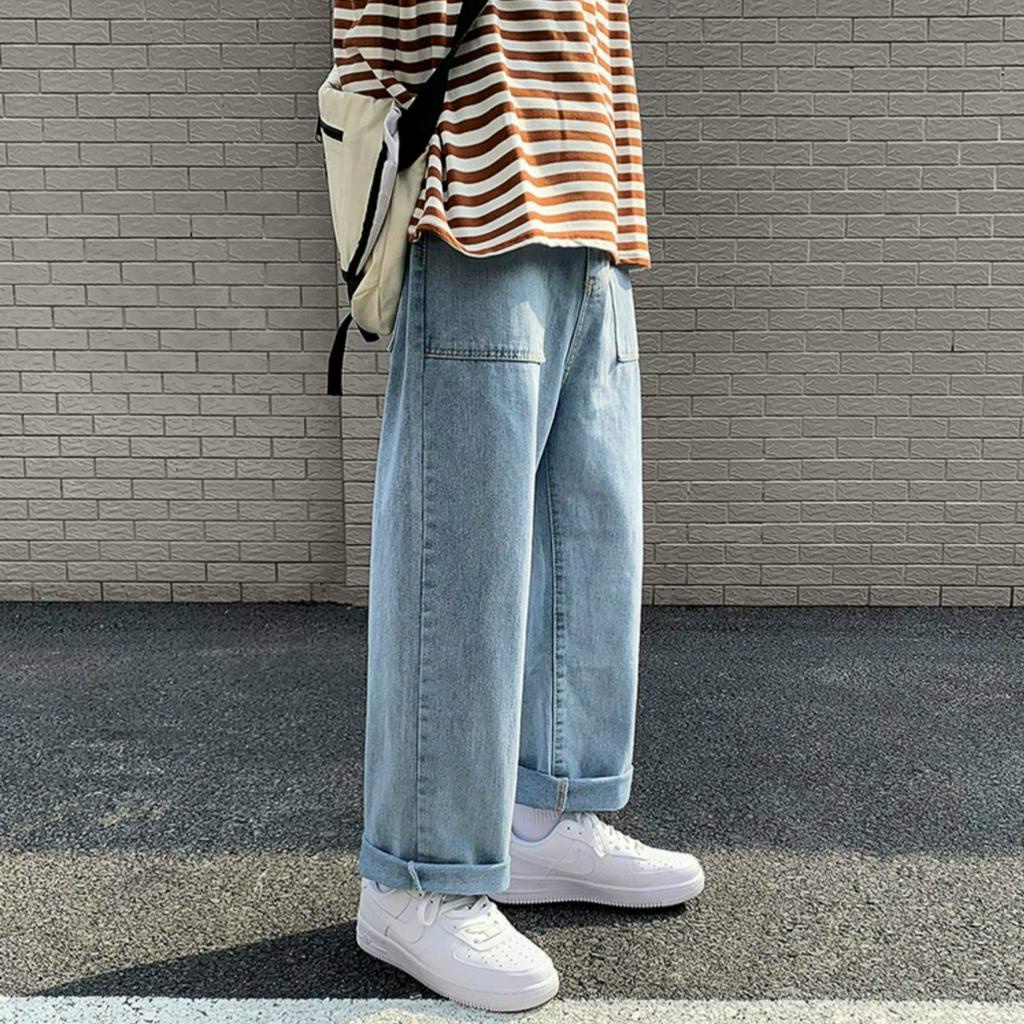 Simple Personality Jeans Men Loose Wide Leg Trousers Male Korean Style ...