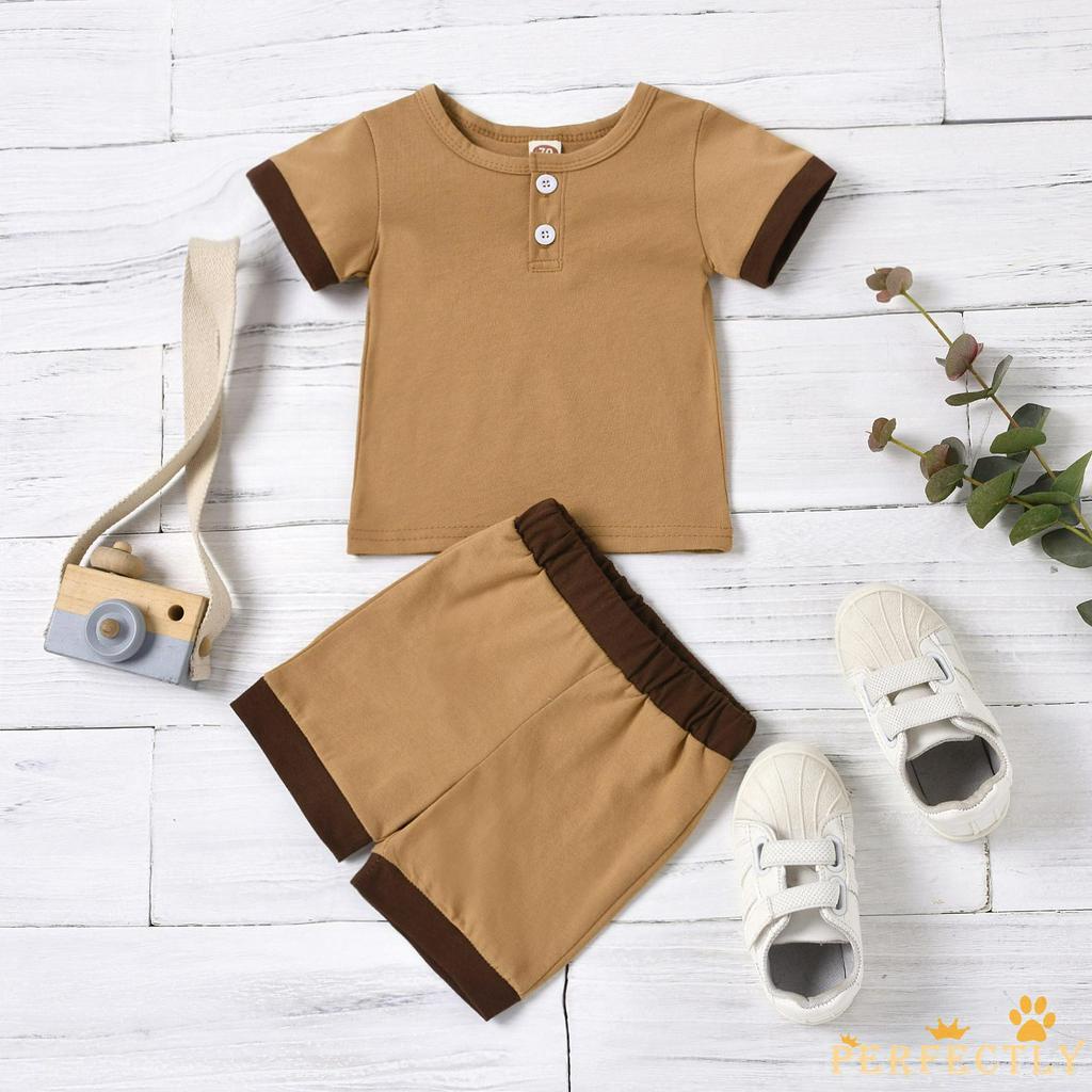 【COD】PFT-0-18 Months Newborn Baby Boys 2-piece Outfit Set Short Sleeve Color Block Tops+Shorts Set f