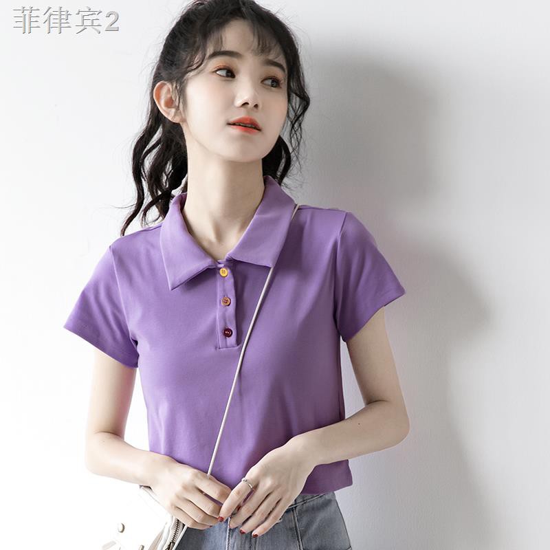 ▽∈2020 summer new high-waist cropped short purple polo shirt women s  short-sleeved pure cotton sm | Shopee Philippines