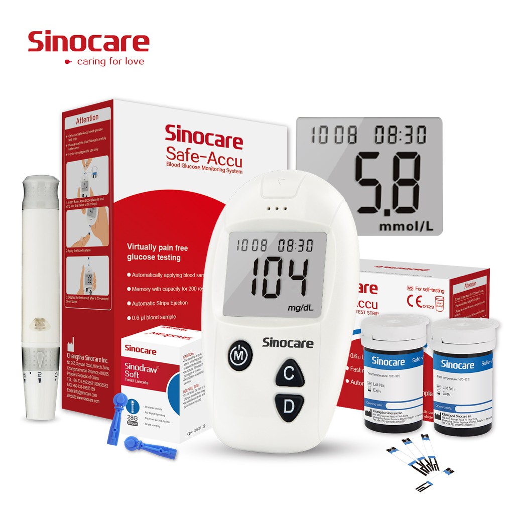 Sinocare SafeAccu Blood Glucose Meter + 50/100 Strips Lancets Shopee