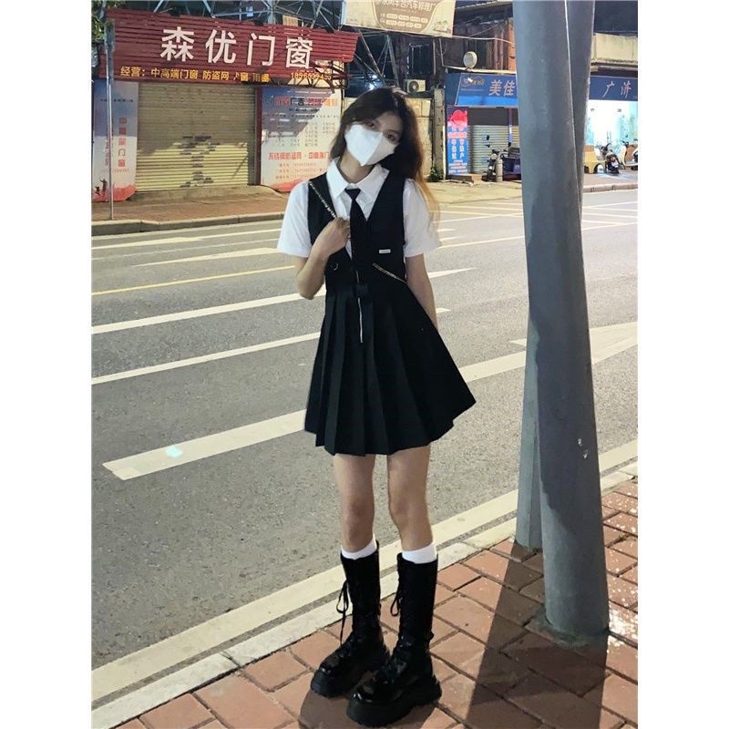 [Two-Piece Suit] Preppy Style Slimmer Look All-Match Suspender Dress+All-Match White Short ...
