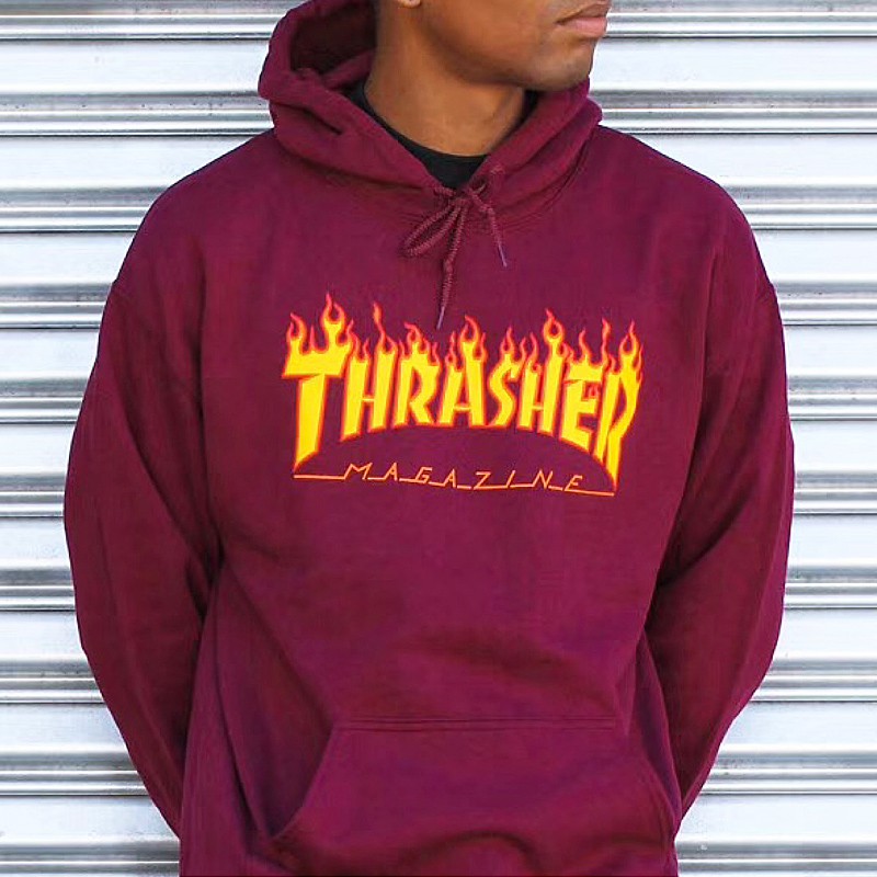 thrasher flame hoodie maroon