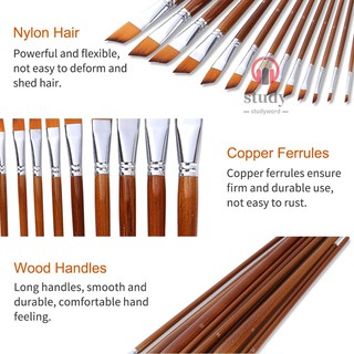 <IN STOCK> 13pcs Professional Art Paint Brushes Set Long Wooden Handle Nylon Hair Paintbrush for Acrylic Oil Watercolor Gouache Face Painting Drawing Art Supplies, Angular Tip #7