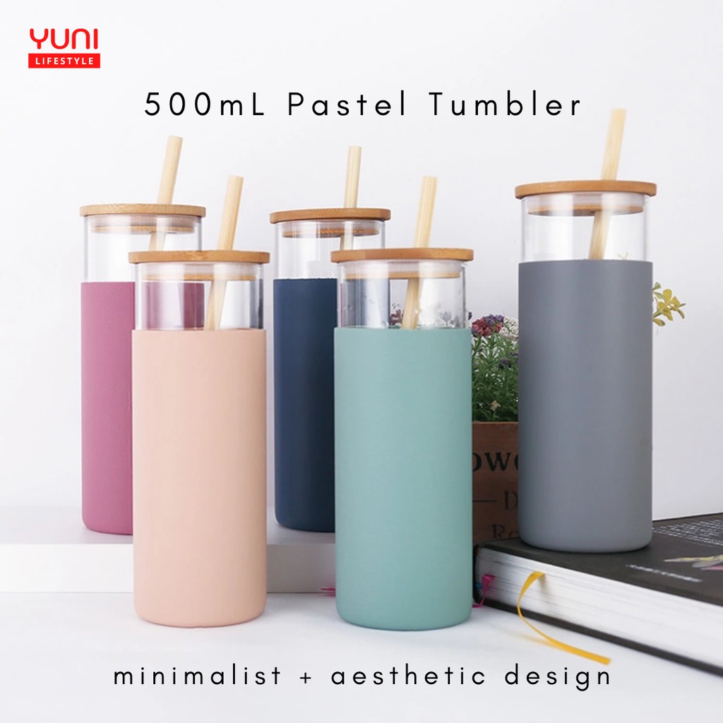Minimalist+Aesthetic 500ml Pastel Glass Tumbler Yoga Bottle with Bamboo Wood Lid and Straw