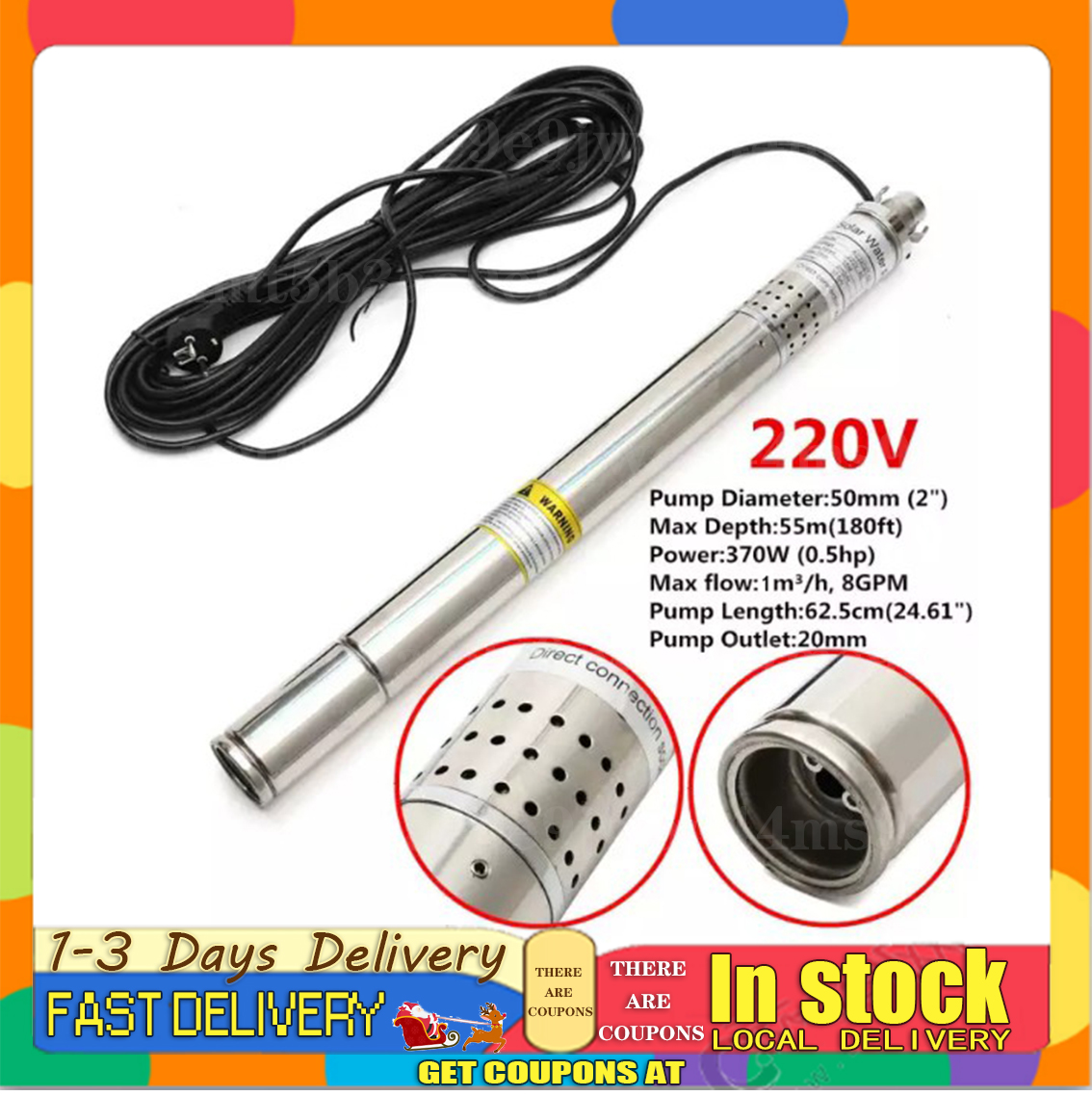 New 2 (50mm) Submersible Bore 0.5HP Water Pump Deep Well 220V 180ft 8GPM Shopee Philippines
