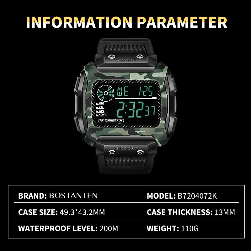 [COD] BOSTANTEN Multi-function Digital Sports Relo for Men Waterproof and Shock Resistant Watch for Men (Free box*1)