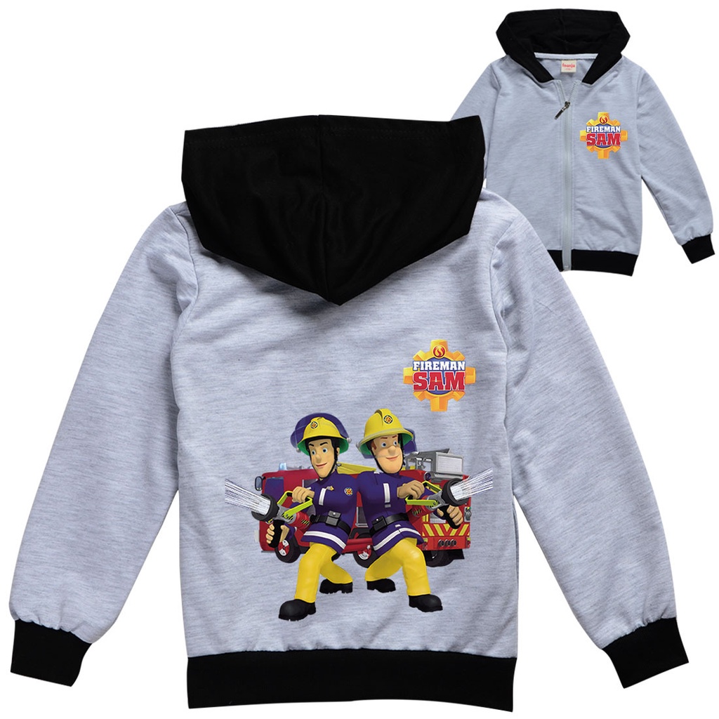 Boys Girls Kids Cartoon Anime Fireman Sam Printed Casual Long Sleeves Zipper Hooded Jacket Coat