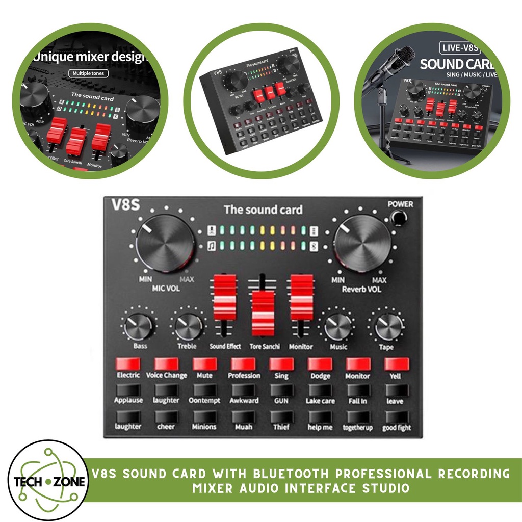 TECHZONE V8S Sound Card with Bluetooth Professional Recording Mixer