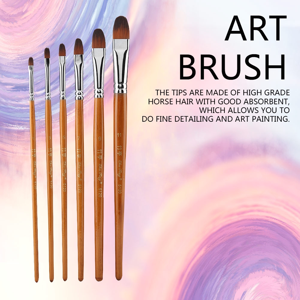 6pcs Horse Hair Paint Brushes Set Artist Paint Brushes for Gouache