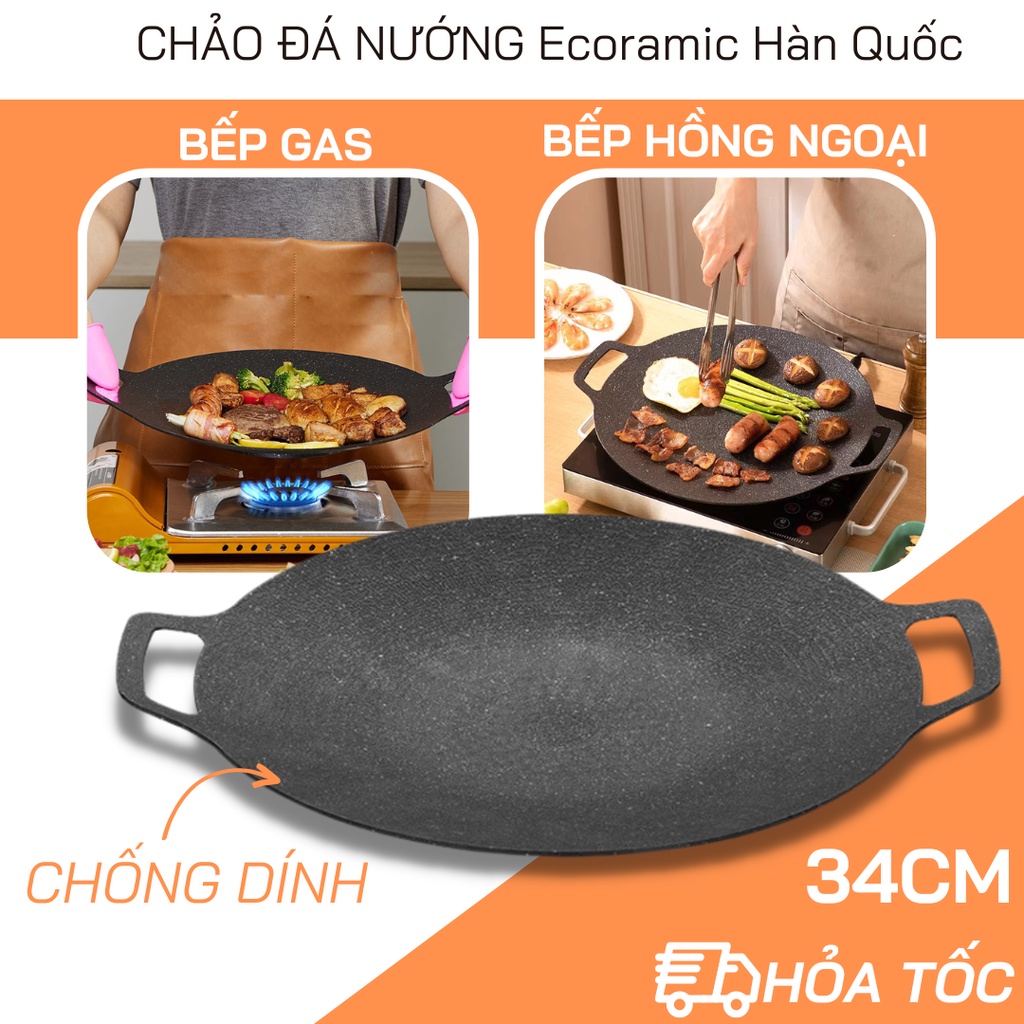 Korean Ecoramic Grill Ice Pan, Size 34cm NonStick No Oil, Fried, Pole