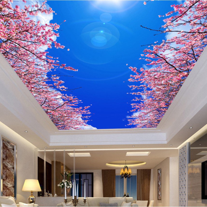 Blue Sky White Clouds Cherry Blossom 3d Living Bedroom Ceiling