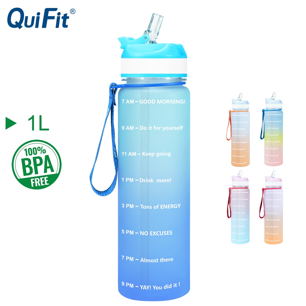 QuiFit New Matte Surface 1L Tritan Water Bottle With Straw Time Marker ...