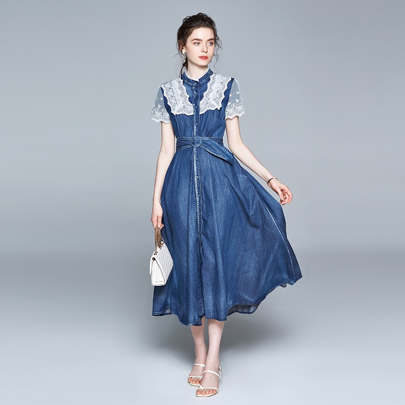 women's denim and lace dress