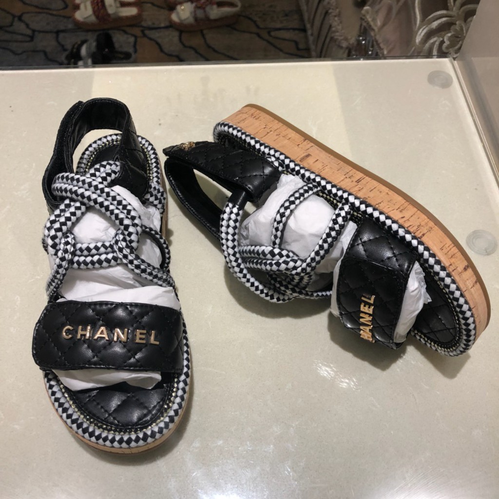 100% Original Chanel Black w/ Grey Strap Women's Sandals | Shopee  Philippines