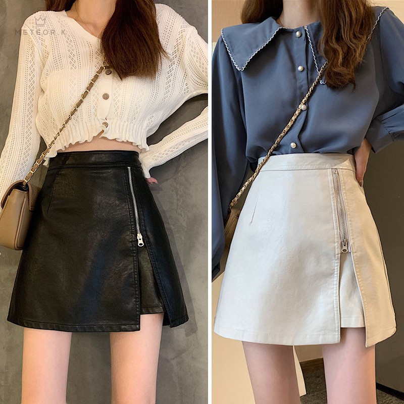 Leather skirt mini skirt short skirt Aline skirt Korean style high waist thin PU leather all