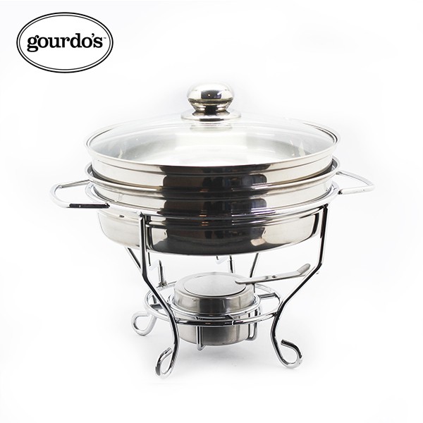 Gourdo's Chafing Dish, Stainless Steel, Double Bowl with Lid Holder 4.0L / 27cm & 2 Free Servers